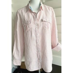 Tommy Bahama Linen Button Up Shirt Womens M White Red Striped Excellent Coastal